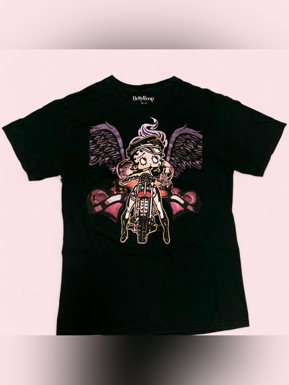 Betty Boop Black Tee with Pink & Purple Motorcycle Graphic